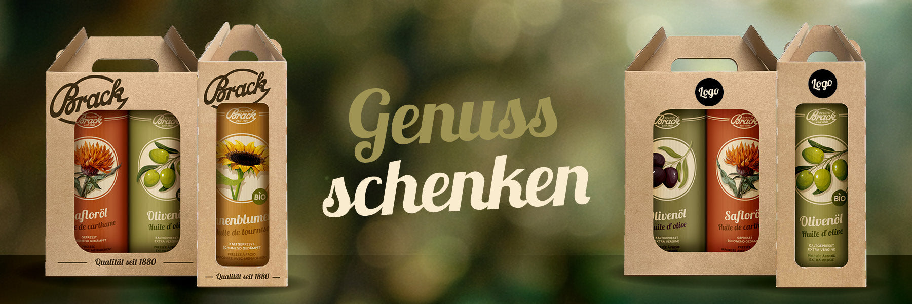 Geschenkkartons aus Karton für 1 bzw. 2 Kannen hochwertige Alfred Brack Speiseöle. Genuss verschenken.